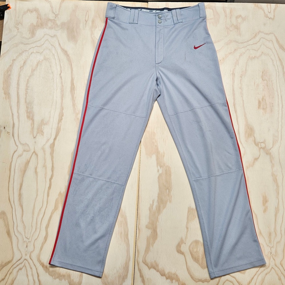 Nike Baseball Dri-FIT Pants Mens Medium Grey Red Side Stripe Straight Leg Piped